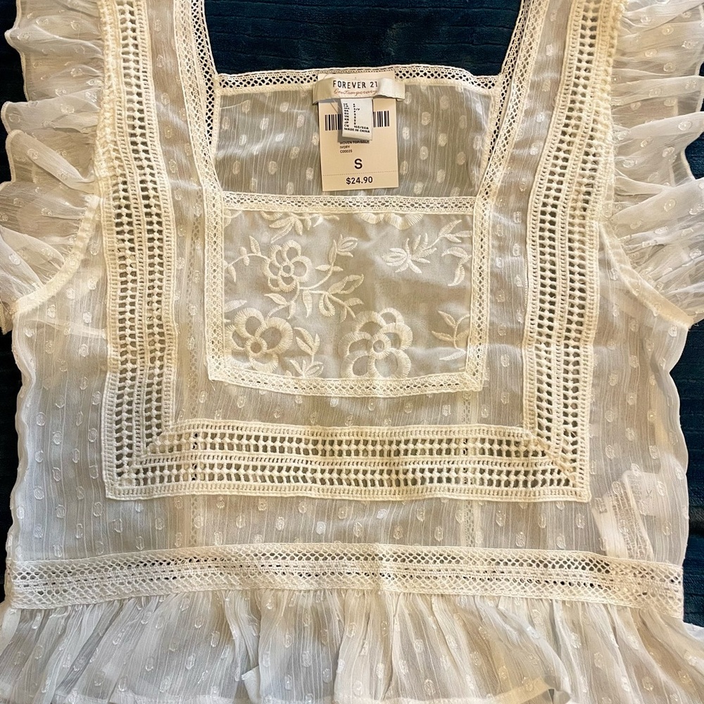 Forever 21 Sheer White Embroidered Blouse